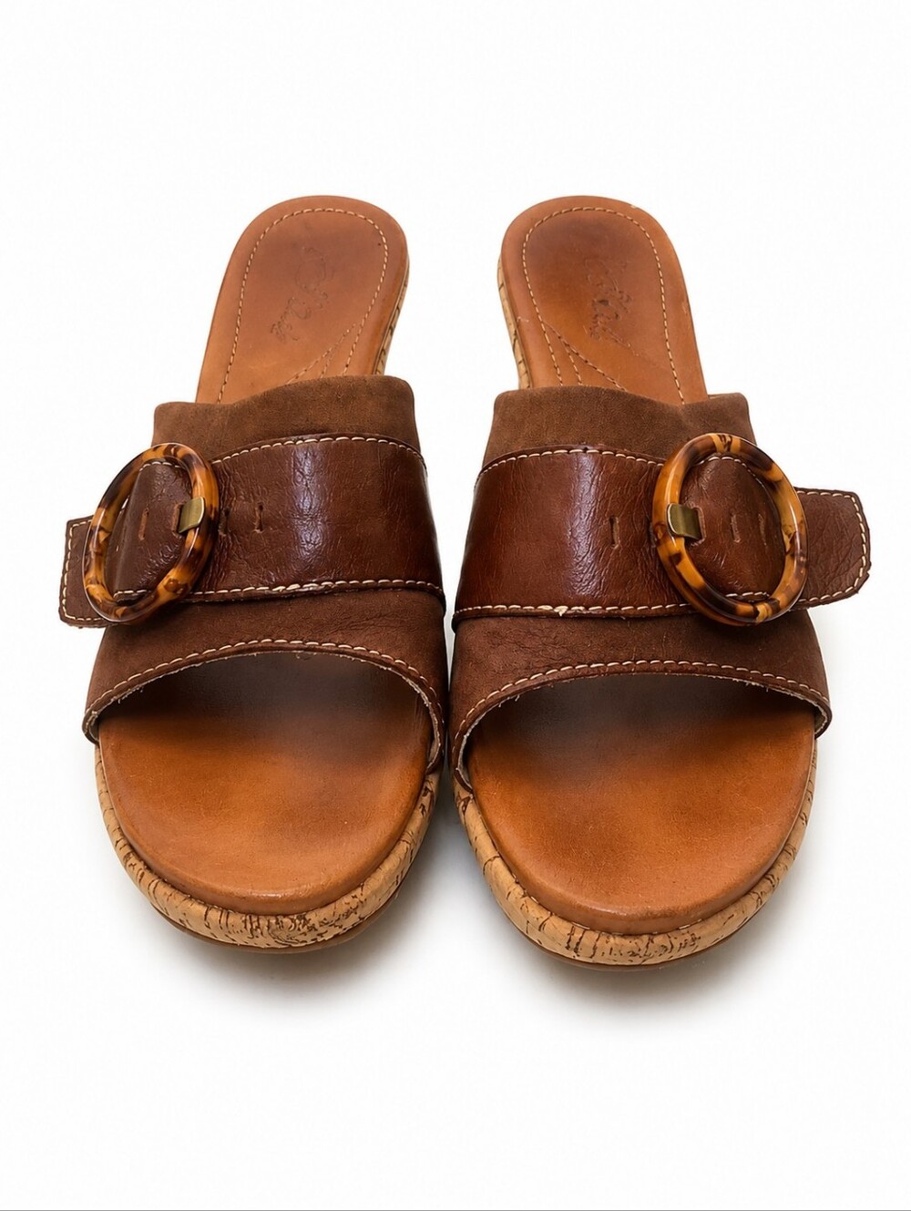 Naya Brown Leather Cork Wedge Slide Sandals Buckle Size 6M - Picture 3 of 4
